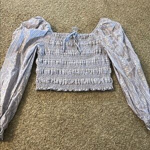 Purple and Blue Puff Sleeve Smocked Blouse